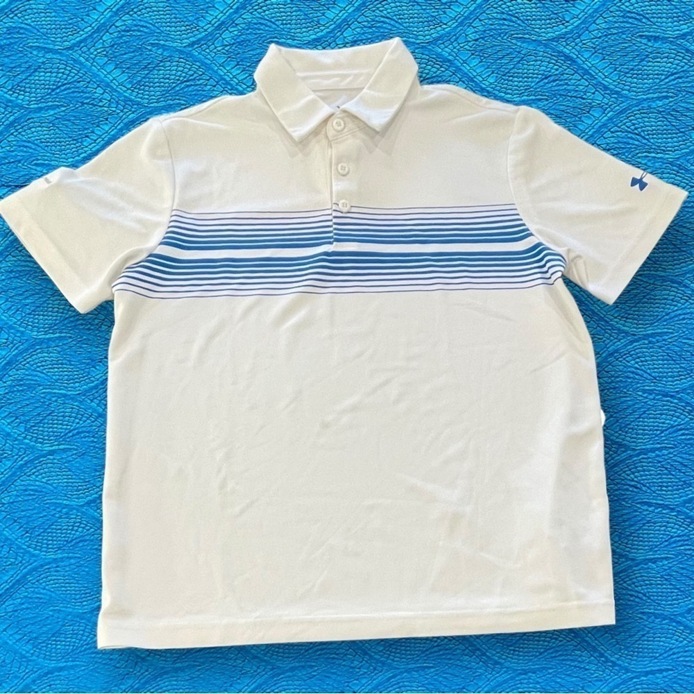 NWOT Under Armour White Polo With Blue Stripes Youth Large Loose Fit Heat Gear